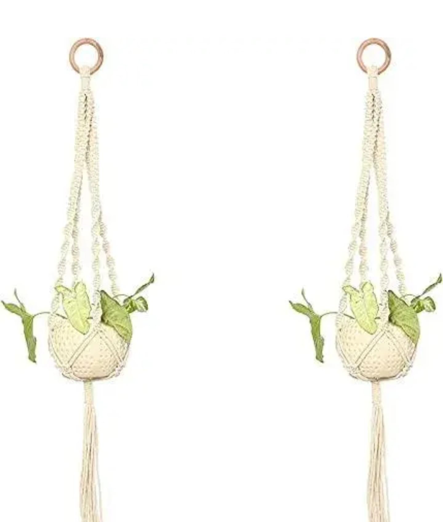 Macramé Plant Hangers, Set of 2, Cotton Rope with Copper Ring, Indoor Hanging Planters, Cream White