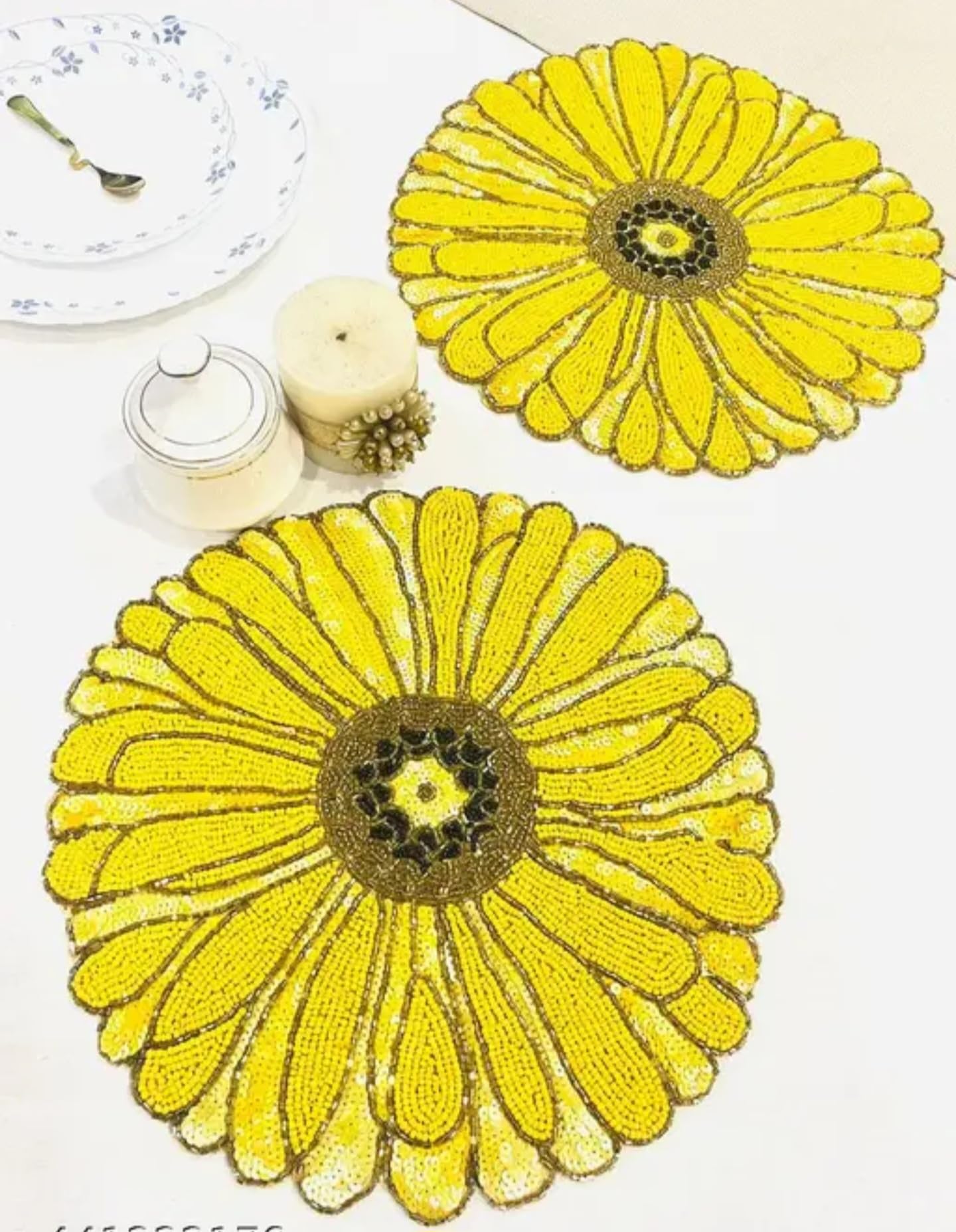 Handcrafted Beaded Yellow Sunflower Placemat, Decorative Glass Beaded Table Mat, Round Floral Design for Home Dining