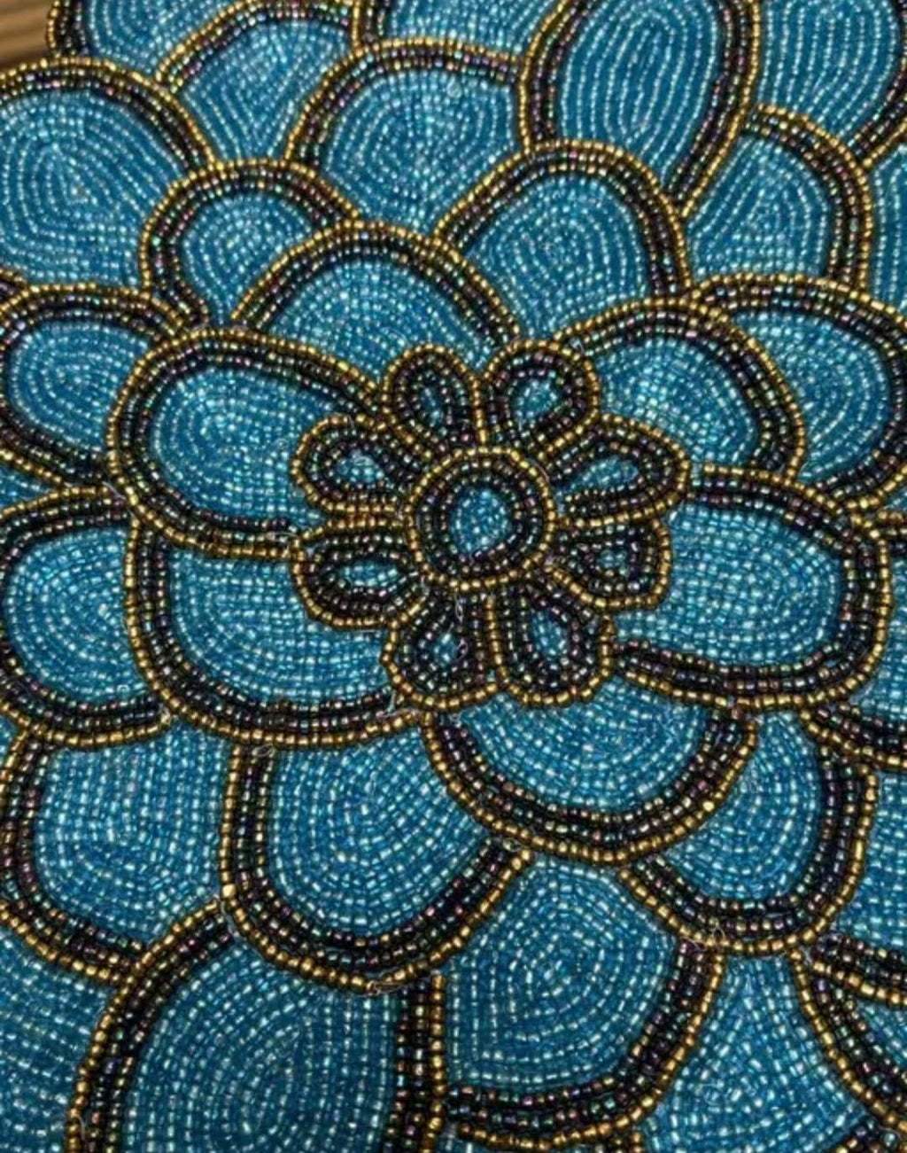 Beaded Table Runner, Blue Floral Dahlia Design, Handcrafted Seed Bead, Decorative Home Decor