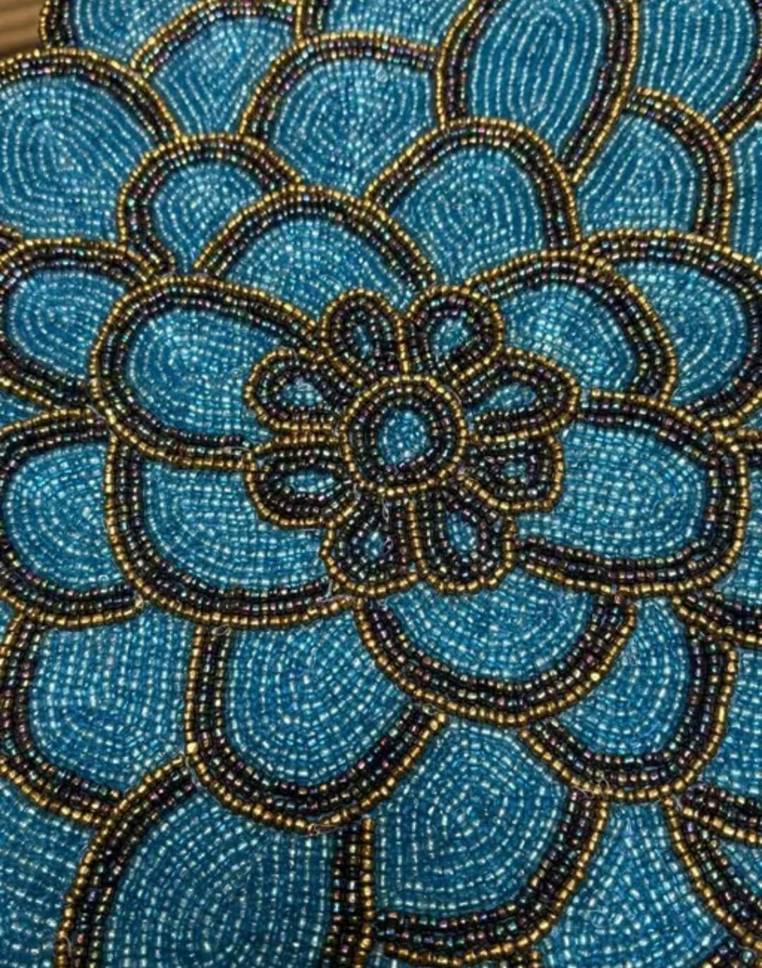 Beaded Table Runner, Blue Floral Dahlia Design, Handcrafted Seed Bead, Decorative Home Decor