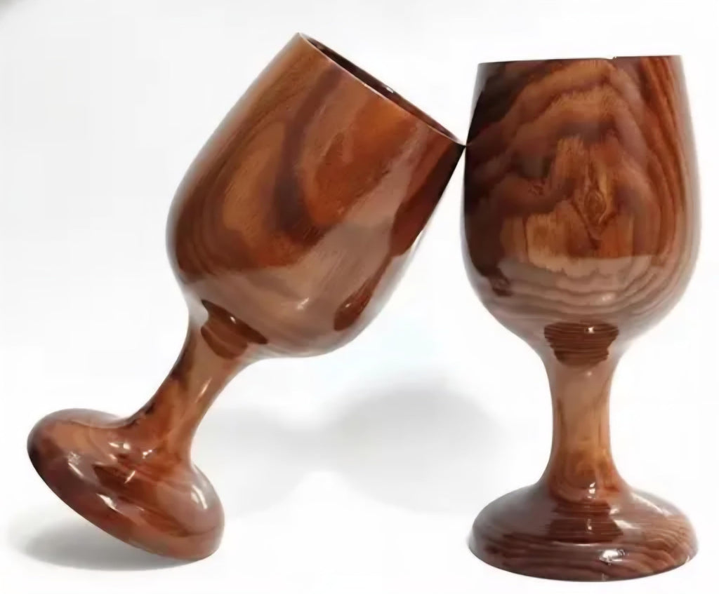 Handcrafted Wooden Wine Goblets, Natural Wood Grain Finish, Set of 2, Rustic Style Drinkware