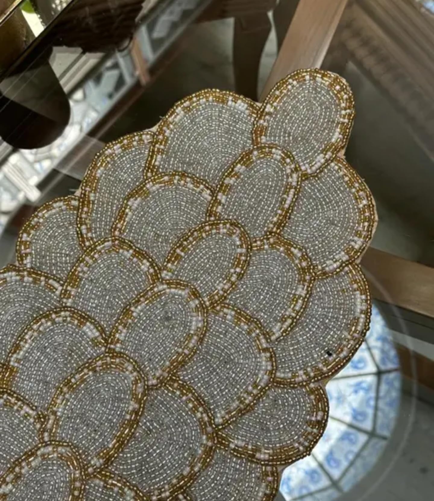 Beaded Handcrafted Placemat, Gold and Silver, Scalloped Edge Design, Decorative Table Setting
