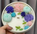Decorative Floral Wax Candle, Handcrafted Rose Design, Purple Blue Pink Flowers, White Round Container