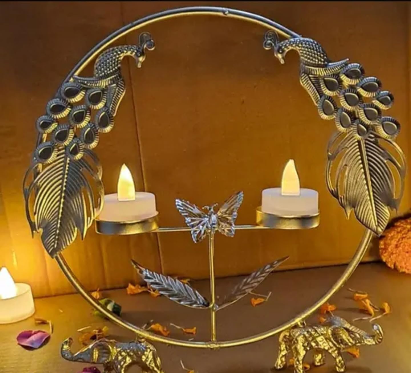 Decorative Metal Peacock Candle Holder, Antique Bronze, 3-Tier Tea Light Stand with Feather Design, Elegant Home Decor
