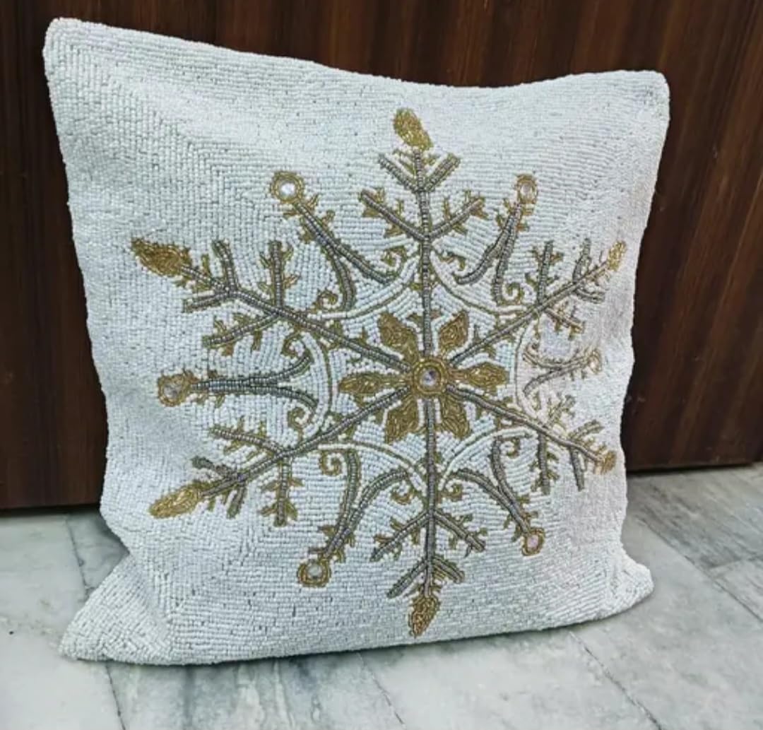 Beaded Snowflake Throw Pillow Cover, White and Gold, Decorative Christmas Winter Theme