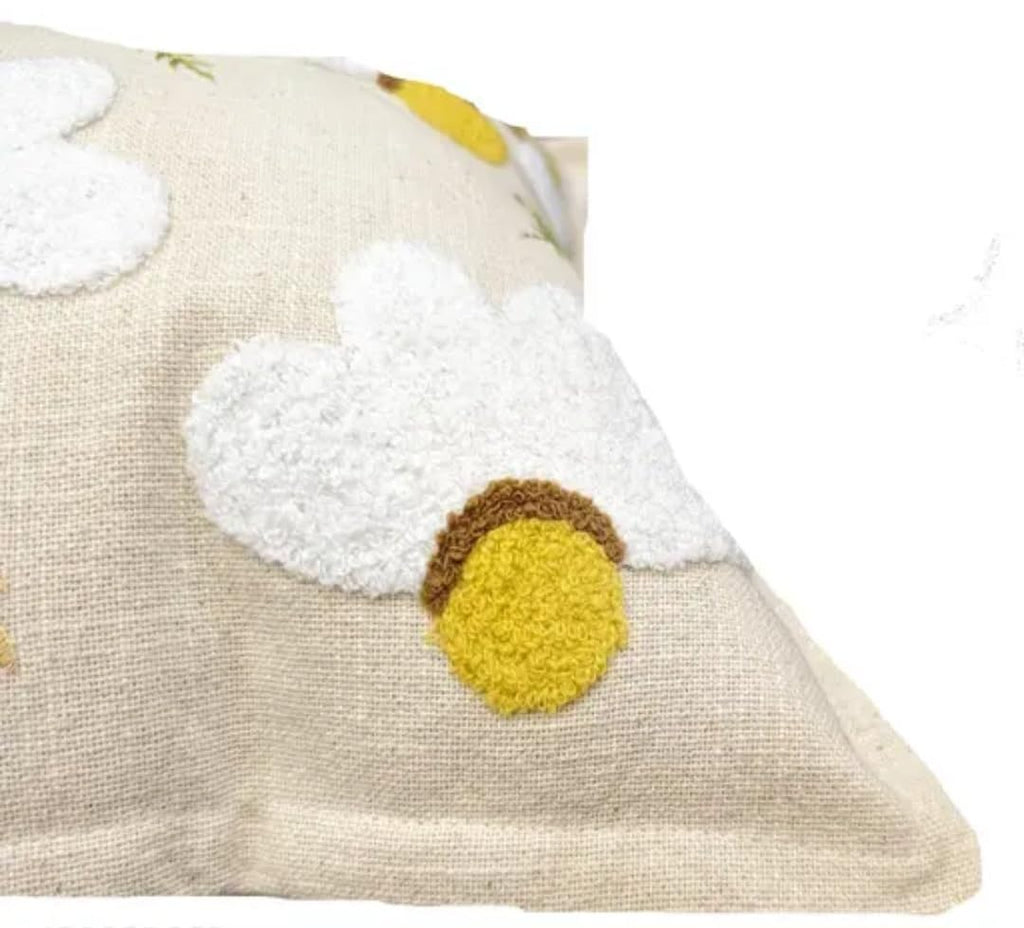 Daisy Floral Embroidered Throw Pillow Cover, Beige, Tufted White Flowers with Yellow Centers, Boho Floral Decor