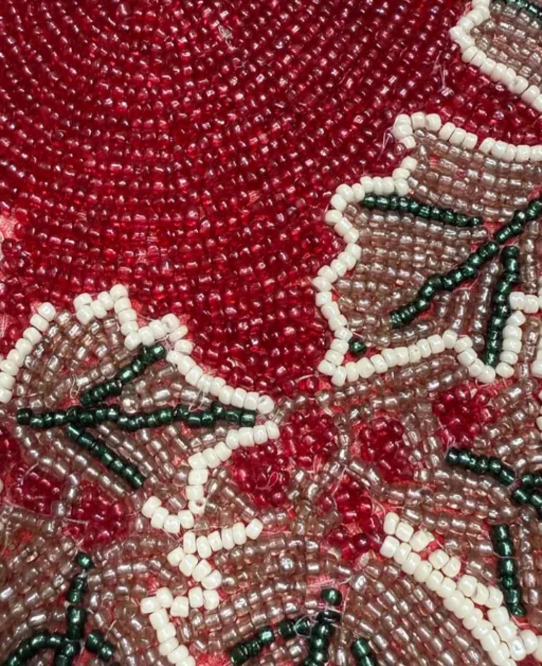 Beaded Placemat, Red with Leaf Design, Round, Handcrafted Glass Bead Table Mat, Holiday Theme