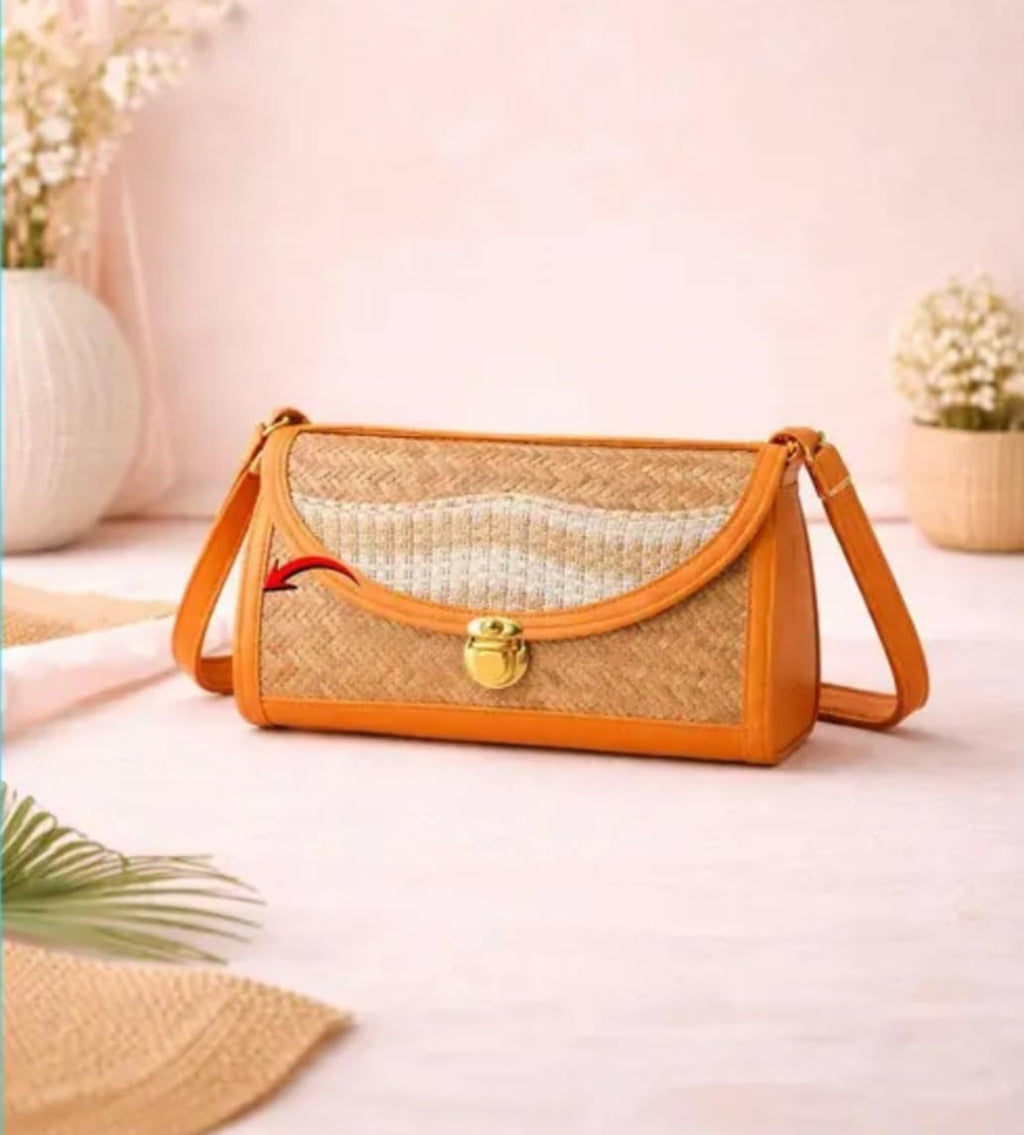 Woven Straw Crossbody Bag, Orange Trim, Gold Clasp, Shoulder Purse, Natural Beige