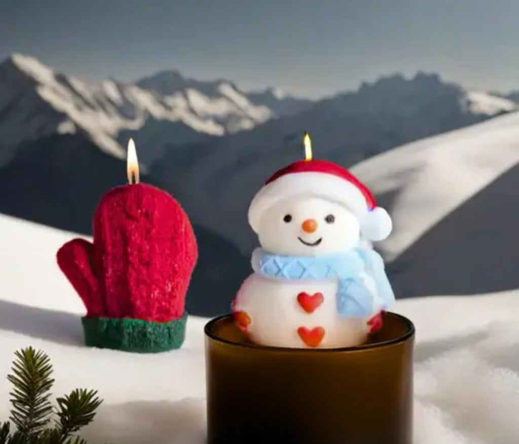 Holiday Snowman and Red Mitten Candle Set, Christmas Decorative Candles, 2 Pieces