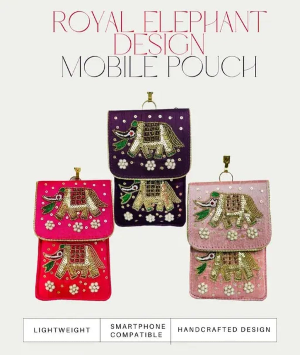 Embroidered Mobile Pouch Bag, Purple, Elephant Sequin Beadwork, Ethnic Crossbody Clutch with Chain Strap