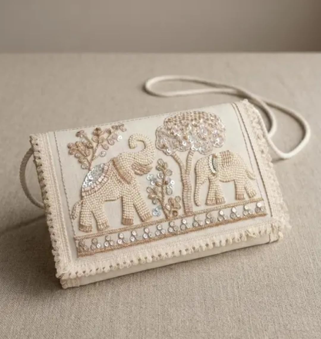 Ivory Clutch Bag with Elephant Embroidery, Beaded Sequin Crossbody Purse, Boho Ethnic Style