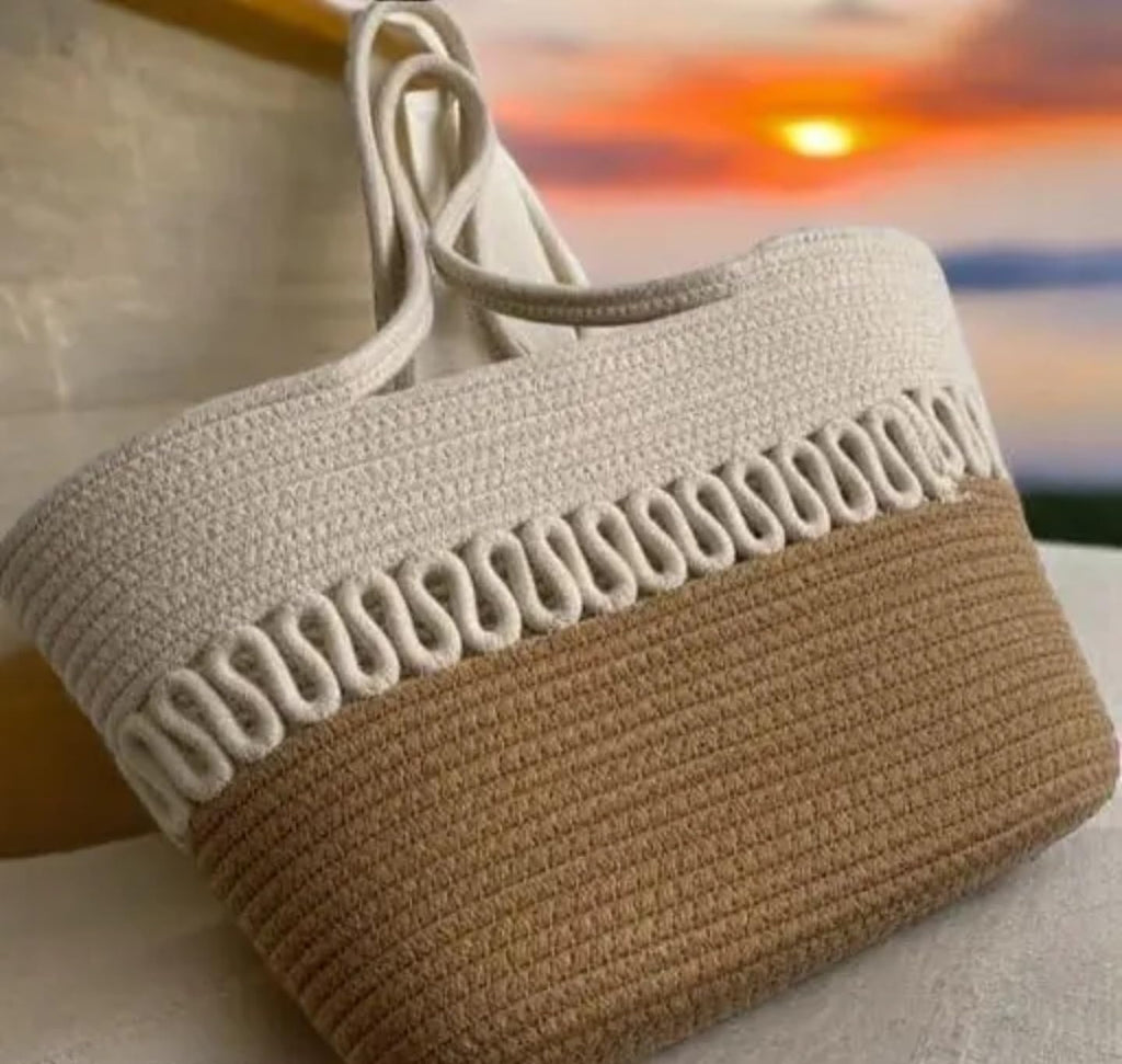 Two-Tone Woven Beach Tote Bag, Natural Jute and White Cotton, Decorative Pattern