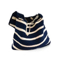 Crochet Tote Bag, Navy Blue and Cream Striped, Knit Beach Bag with Drawstring Closure