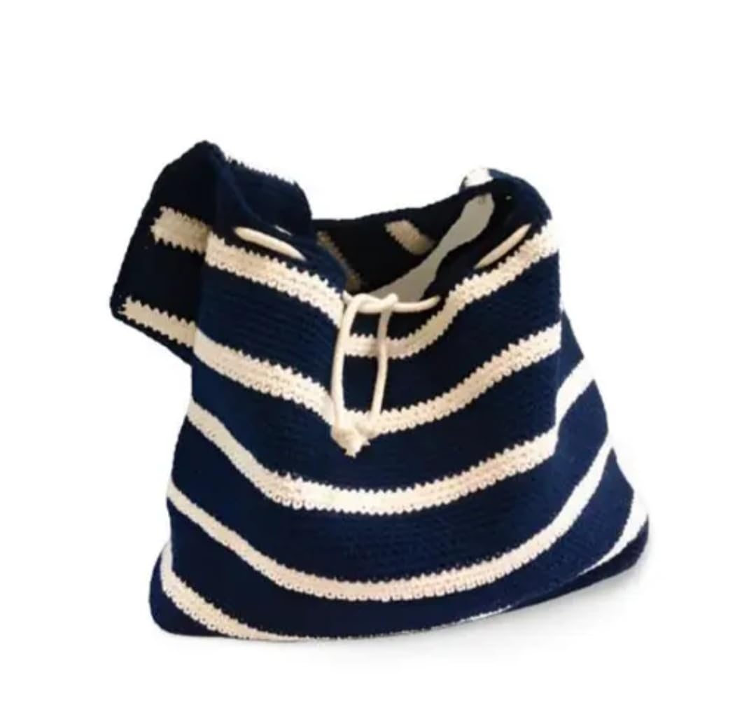Crochet Tote Bag, Navy Blue and Cream Striped, Knit Beach Bag with Drawstring Closure