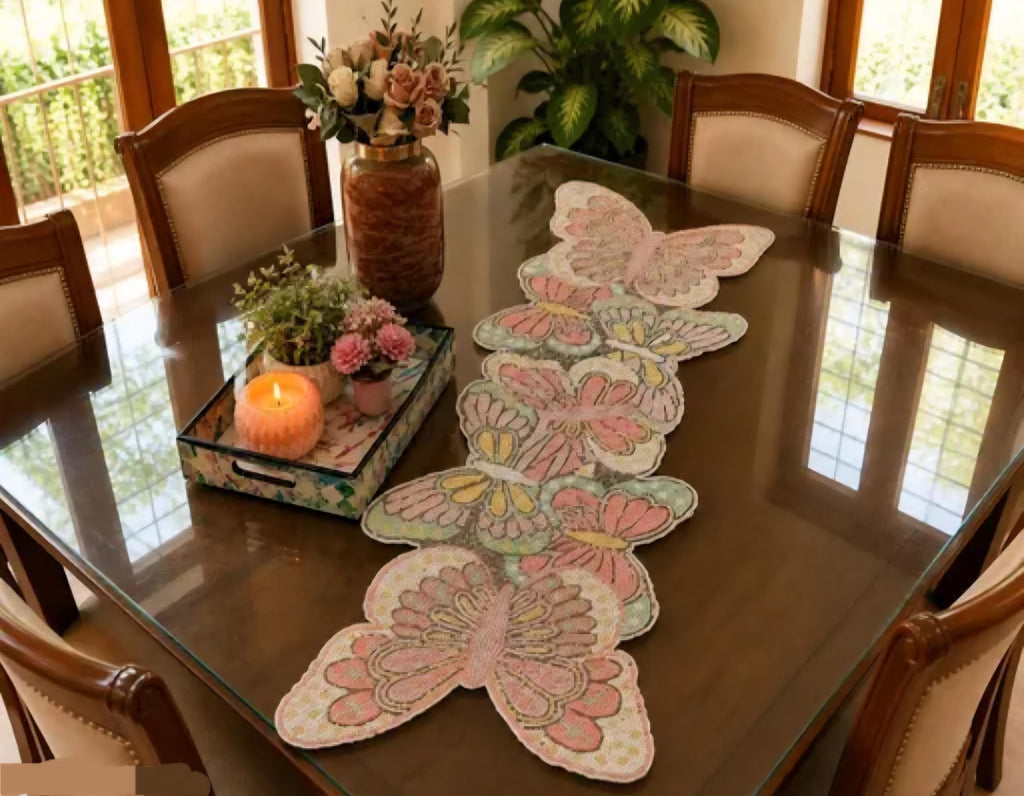 Butterfly Table Runner, Beaded Embroidered Design, Pink and Green, Dining Table Decor