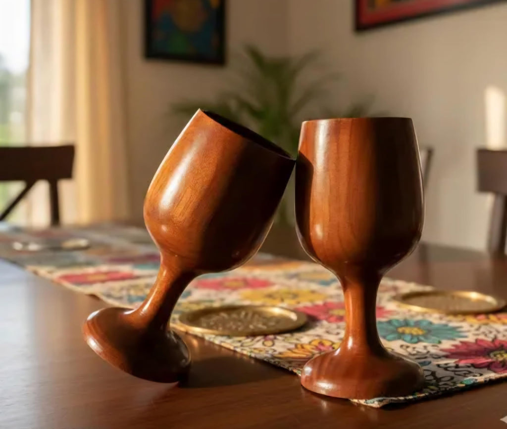 Handcrafted Wooden Wine Goblets, Natural Wood Grain Finish, Set of 2, Rustic Style Drinkware