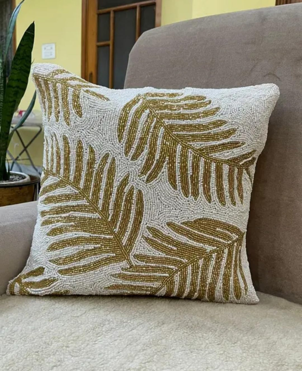 Beaded Throw Pillow Cover, White and Gold, Tropical Palm Leaf Design, Decorative Cushion Cover