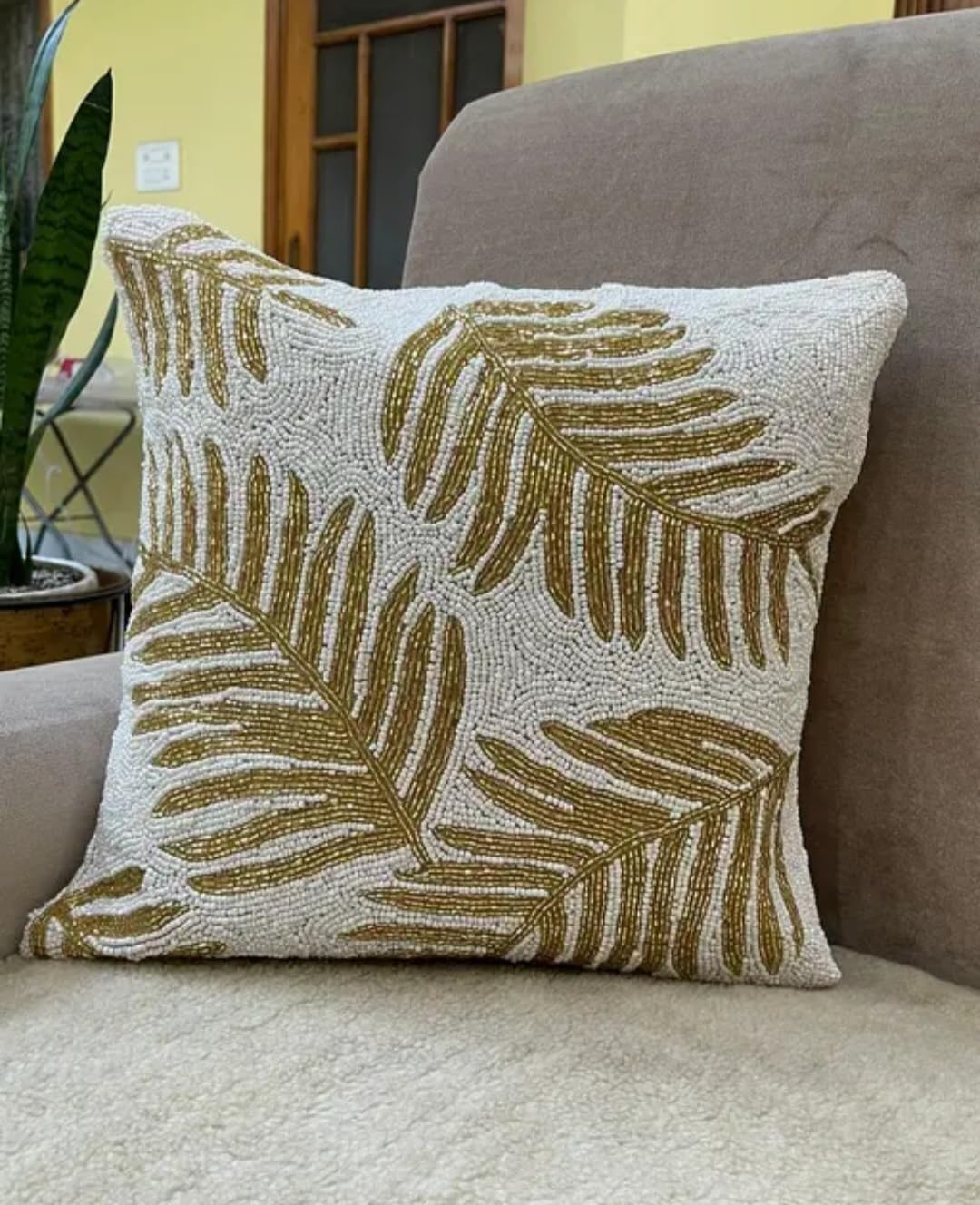 Beaded Throw Pillow Cover, White and Gold, Tropical Palm Leaf Design, Decorative Cushion Cover