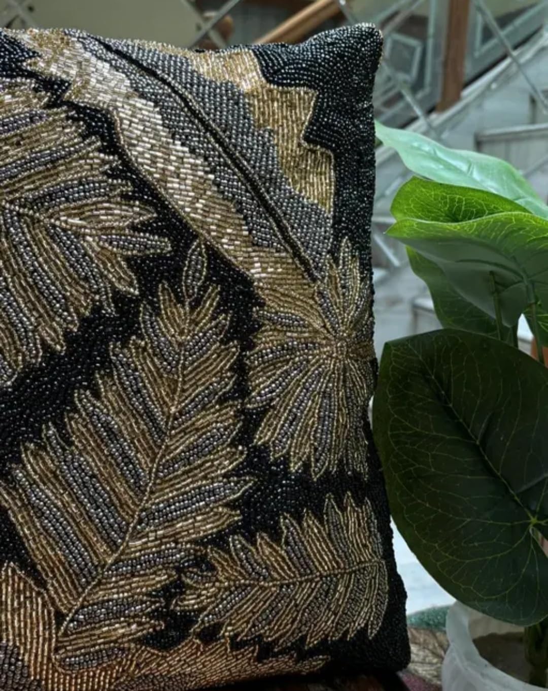 Beaded Throw Pillow Cover, Black and Gold, Tropical Leaf Design, Decorative Cushion Cover, Handmade