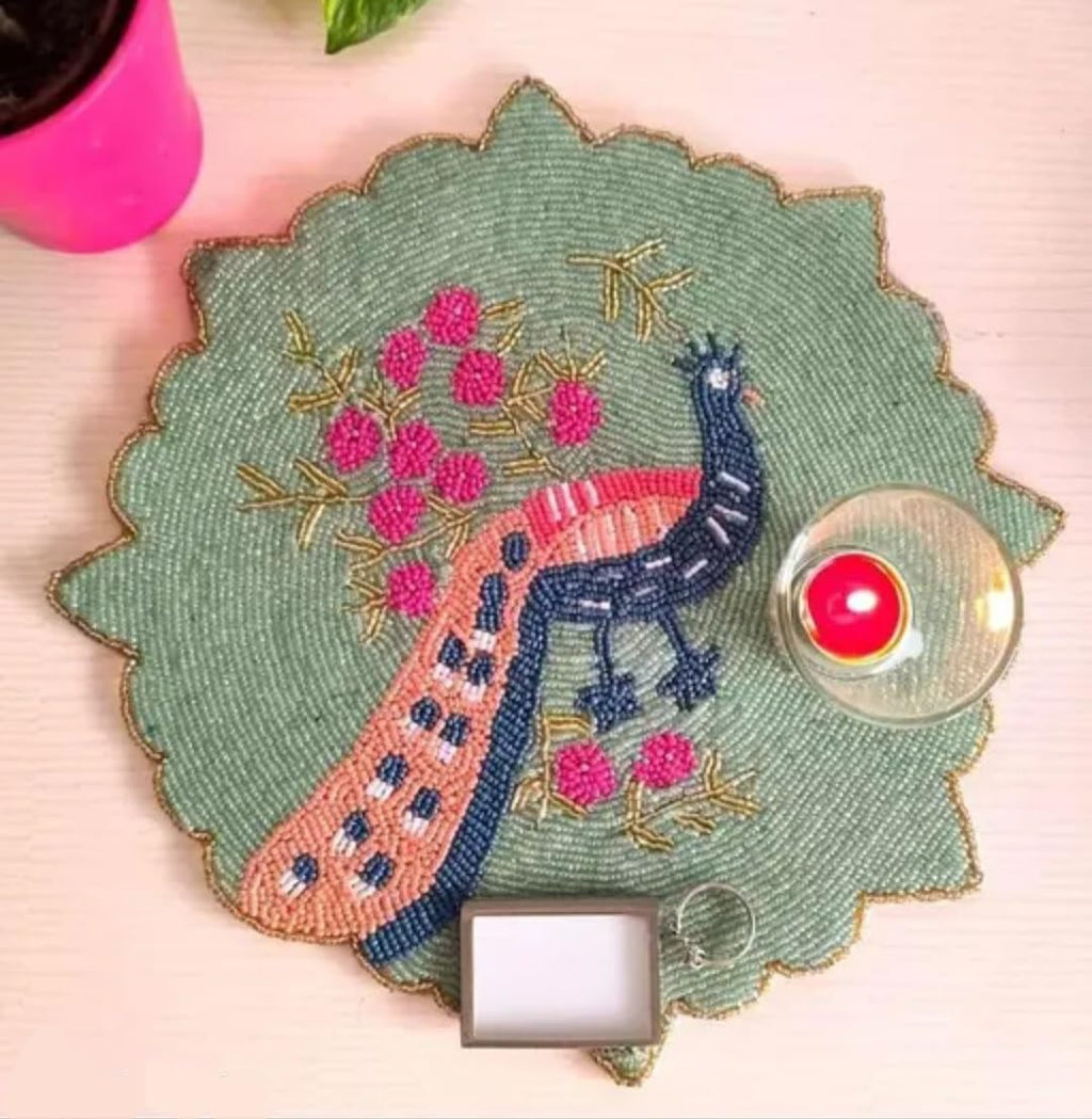 Beaded Placemat with Peacock Design, Green, Round Scalloped Edge, Floral Table Decor