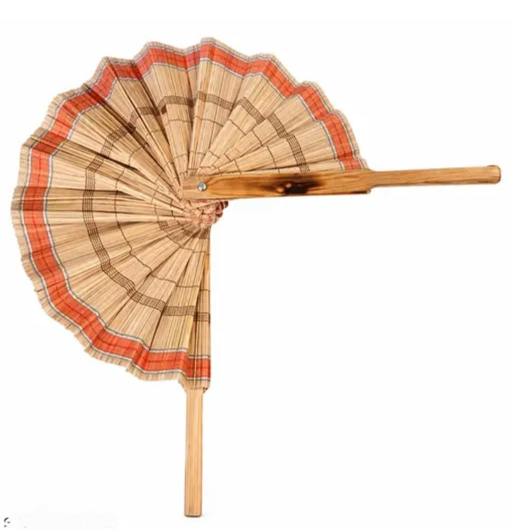 Handcrafted Bamboo Folding Fan with Wooden Handle, Natural & Orange Woven Design, Traditional Style
