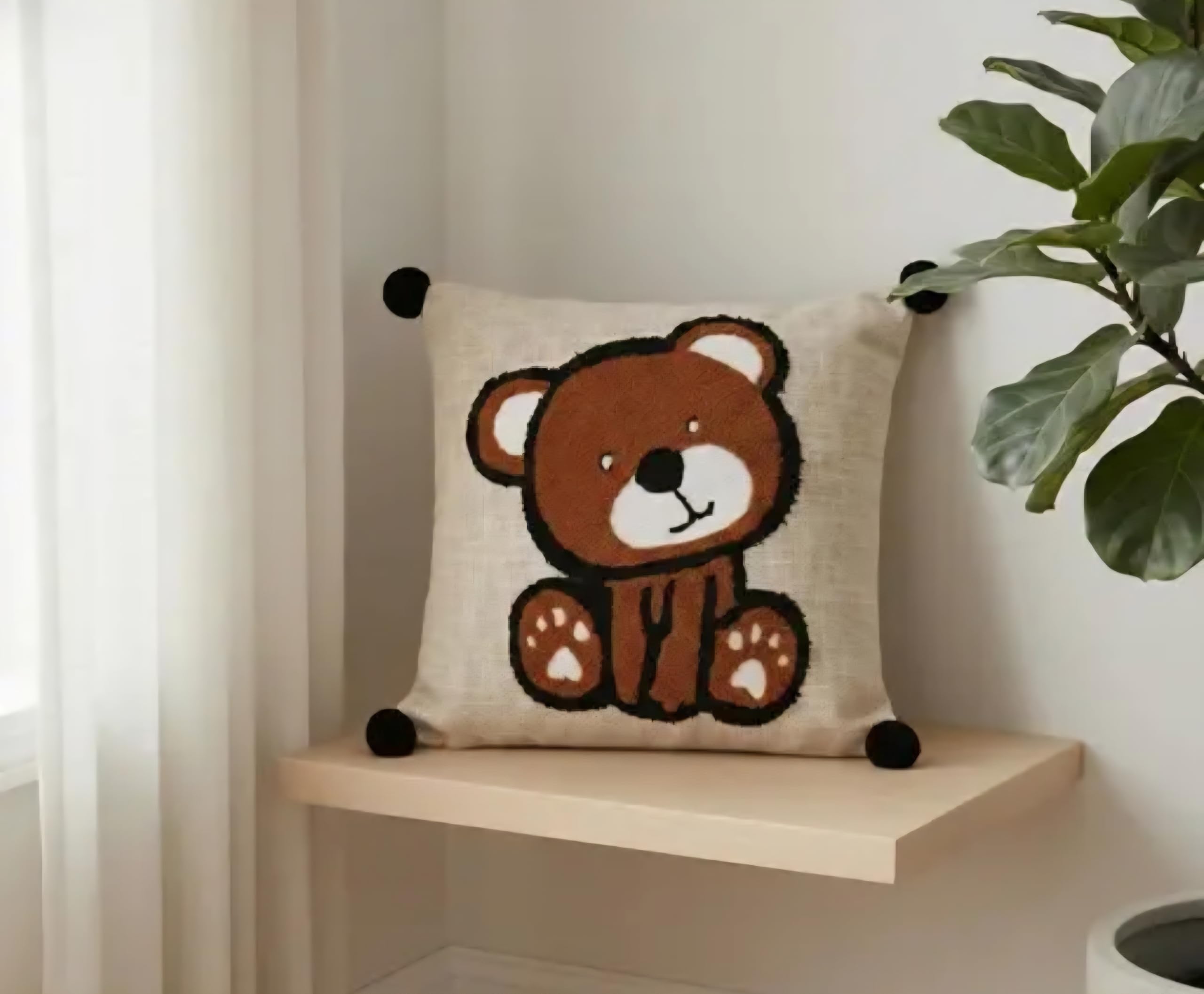 Cute Teddy Bear Handmade Throw Pillow Cover, Beige Linen, Pom Pom Corners, Kids Room Decor