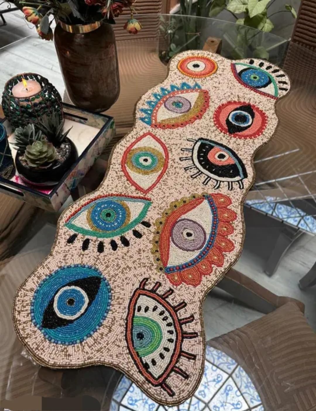 Beaded Evil Eye Table Runner, Multicolor, Handcrafted, Bohemian Style, Decorative Home Accent