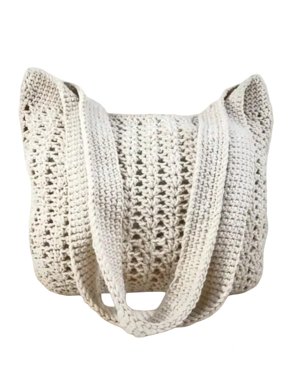 Handmade Crochet Tote Bag, Cotton Knit Pattern, Off-White