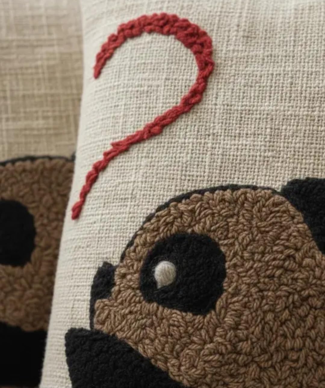 Cute Pug Hand Embroidered Throw Pillow Cover, Cream, Heart Design, Decorative Cushion for Sofa or Bedroom