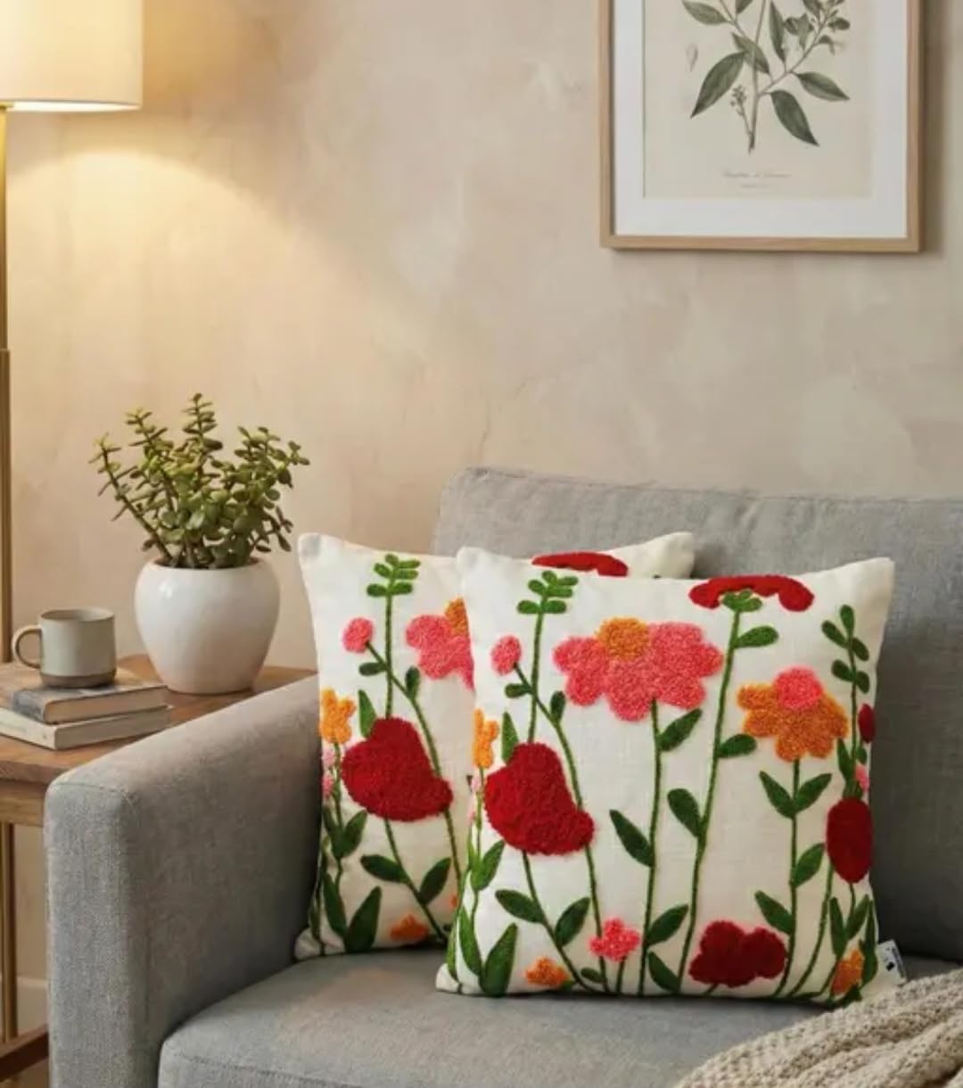 Handcrafted Embroidered Throw Pillow Cover, Multicolor Botanical Garden Design, White Cotton Cushion Cover