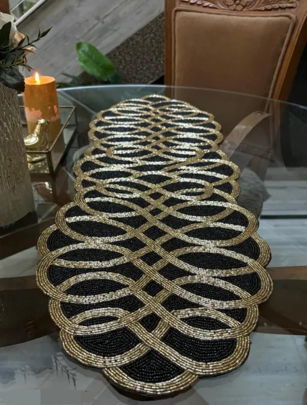 Decorative Handcrafted Table Runner, Black and Gold, Beaded Design, Oval Pattern, Elegant Home Decor