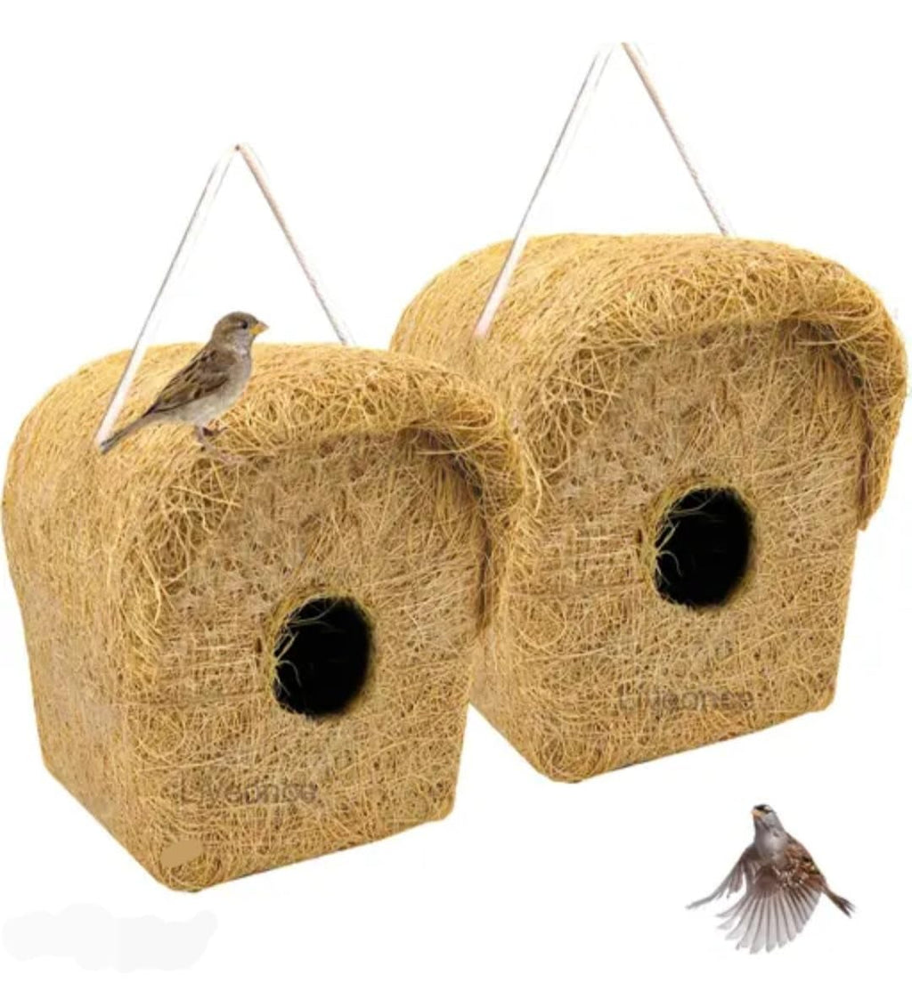 Handmade Natural Grass Bird Nest House, Hanging Birdhouse with Rope, Square Shape for Sparrows