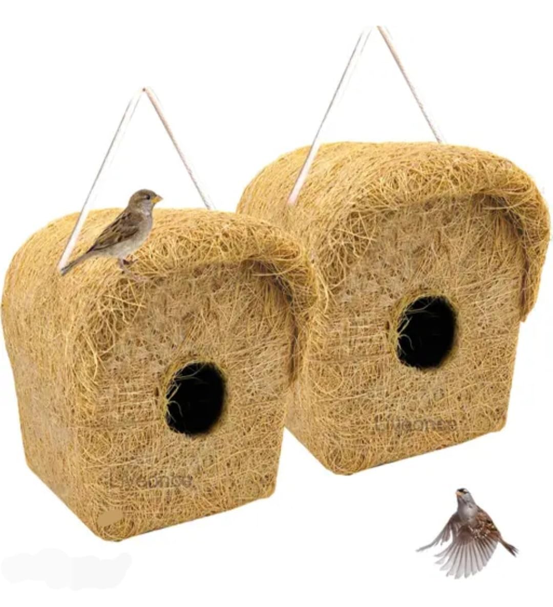 Handmade Natural Grass Bird Nest House, Hanging Birdhouse with Rope, Square Shape for Sparrows