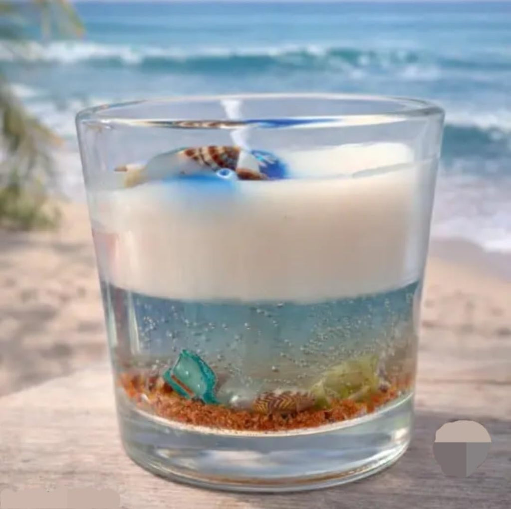 Ocean Beach Candle, Layered Blue and Cream Wax, Glass Container, Seashell Decorations, Coastal Theme