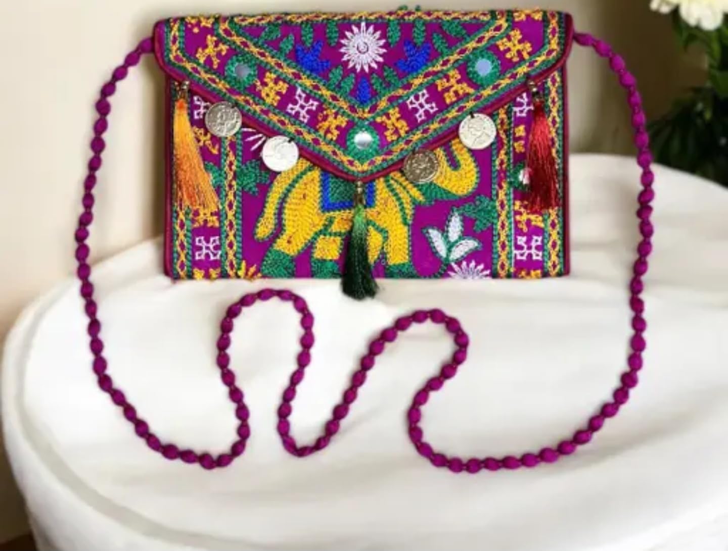 Bohemian Embroidered Clutch Purse with Elephant Design, Tassels and Coin Details, Purple and Multicolour, eco-friendly