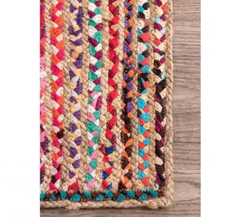 Braided Jute and Cotton Runner Rug, Multicolor, Bohemian Style, Handmade Chindi Area Rug