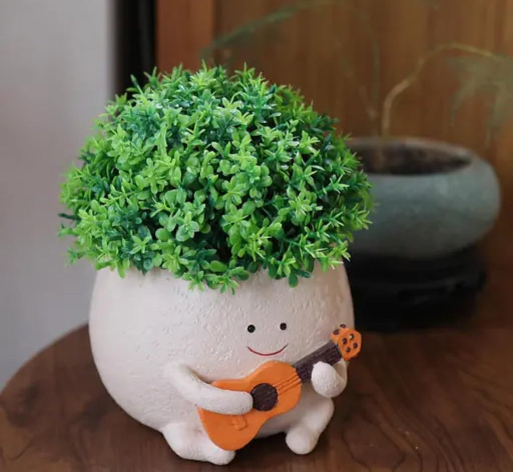 Decorative Artificial Plant in White Ceramic Planter with Guitar Design, Faux Green Boxwood Topiary, Indoor Home Decor