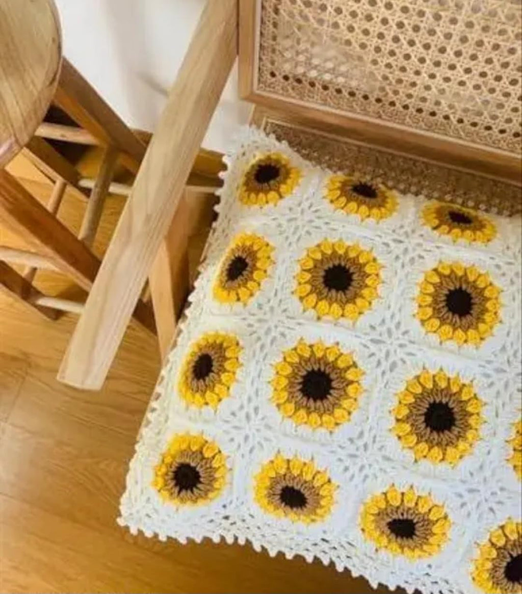 Crochet Sunflower Throw Pillow Cover, White and Yellow, Floral Granny Square, Boho Home Decor
