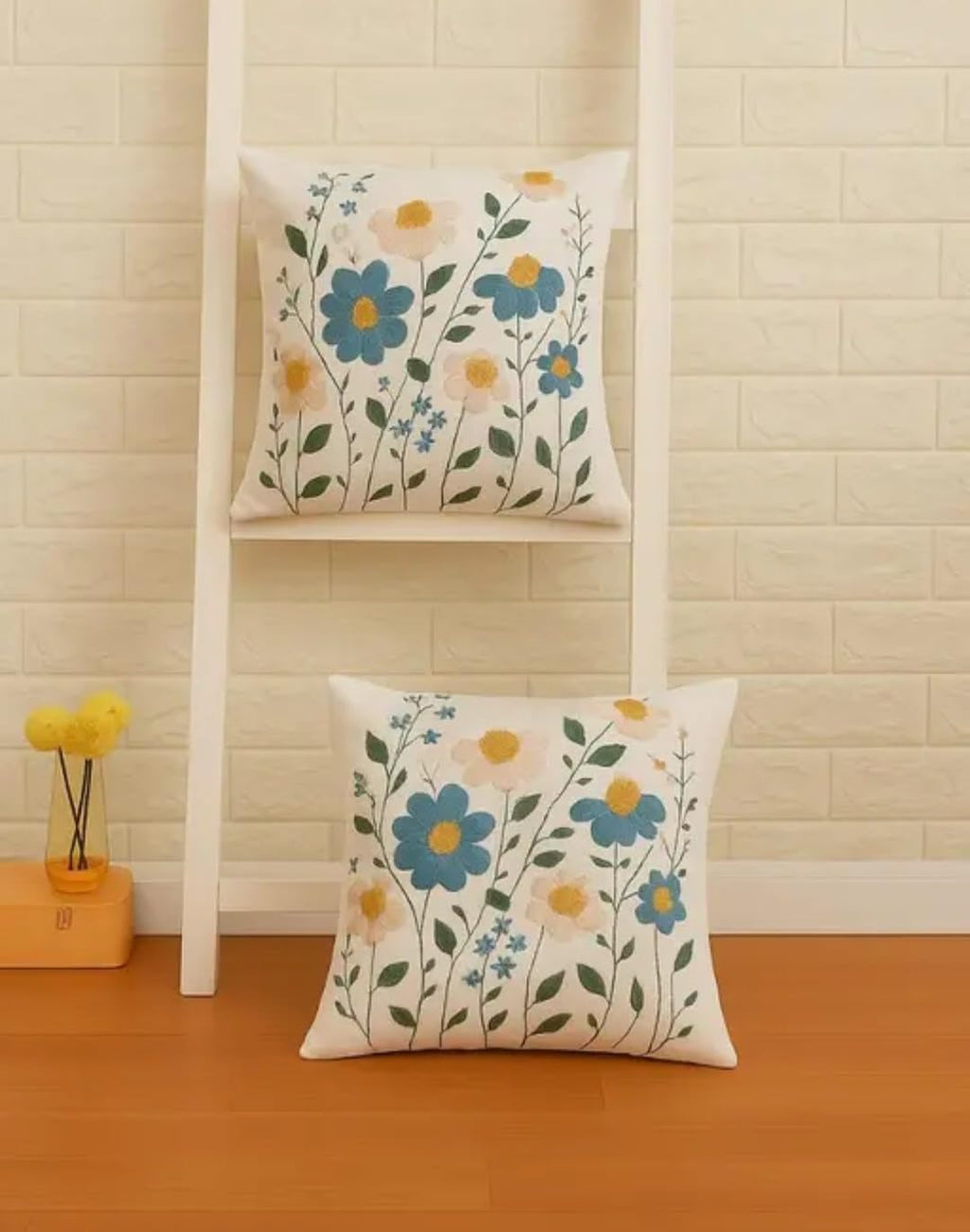 Handcrafted Floral Embroidered Throw Pillow Cover, White with Blue and Pink Flowers, Decorative Square Cushion Cover