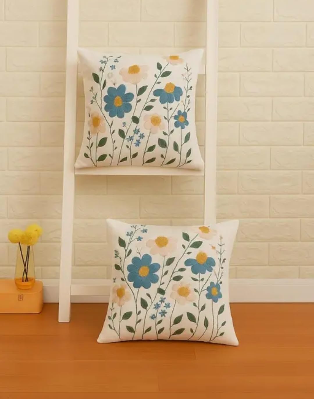 Handcrafted Floral Embroidered Throw Pillow Cover, White with Blue and Pink Flowers, Decorative Square Cushion Cover