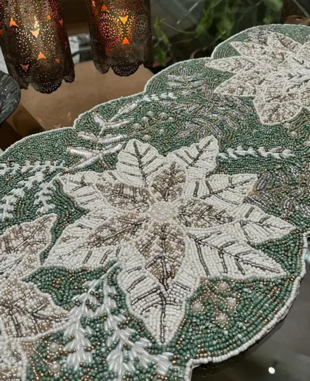 Beaded Table Runner, Green and White, Floral Poinsettia Design, Scalloped Edge, Holiday Decor