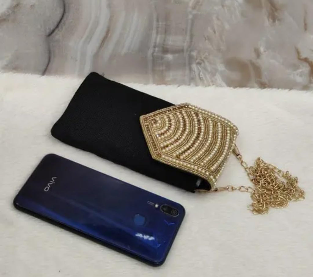 Black Clutch Bag with Pearl Beaded Flap and Gold Chain Strap, Evening Crossbody Purse