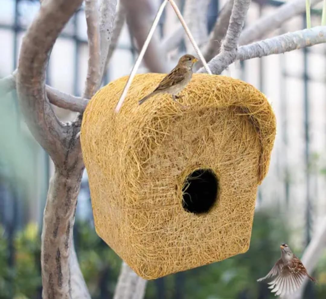Handmade Natural Grass Bird Nest House, Hanging Birdhouse with Rope, Square Shape for Sparrows