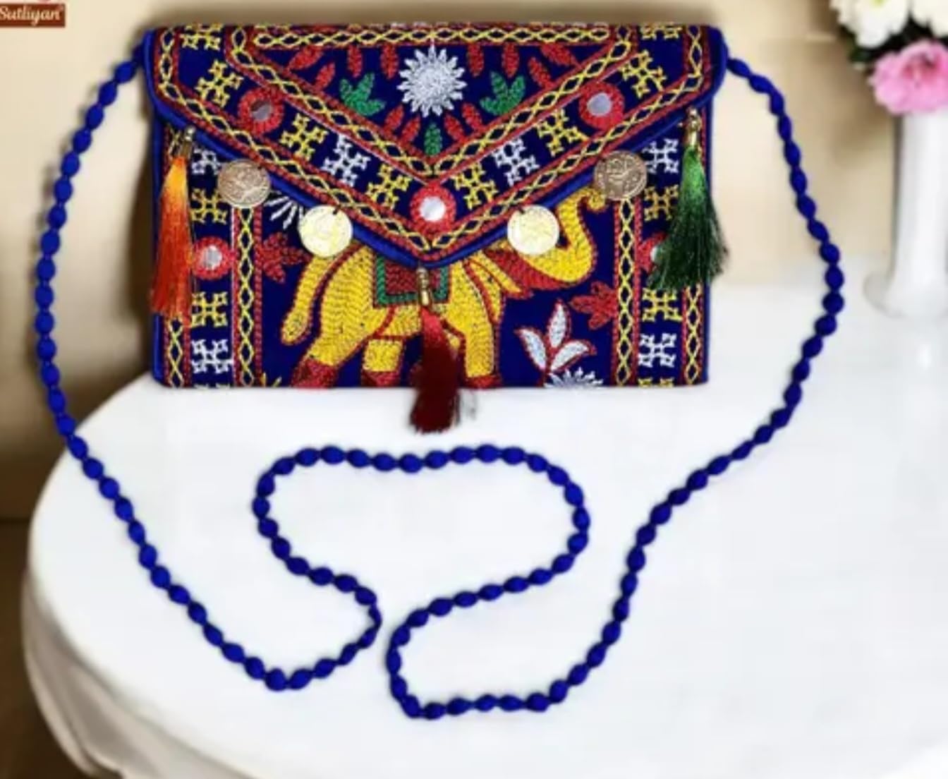 Traditional Embroidered Clutch Purse with Tassels, Bohemian Design, Royal Blue with Multi-Colour Pattern, Coin Decorations, eco-friendly