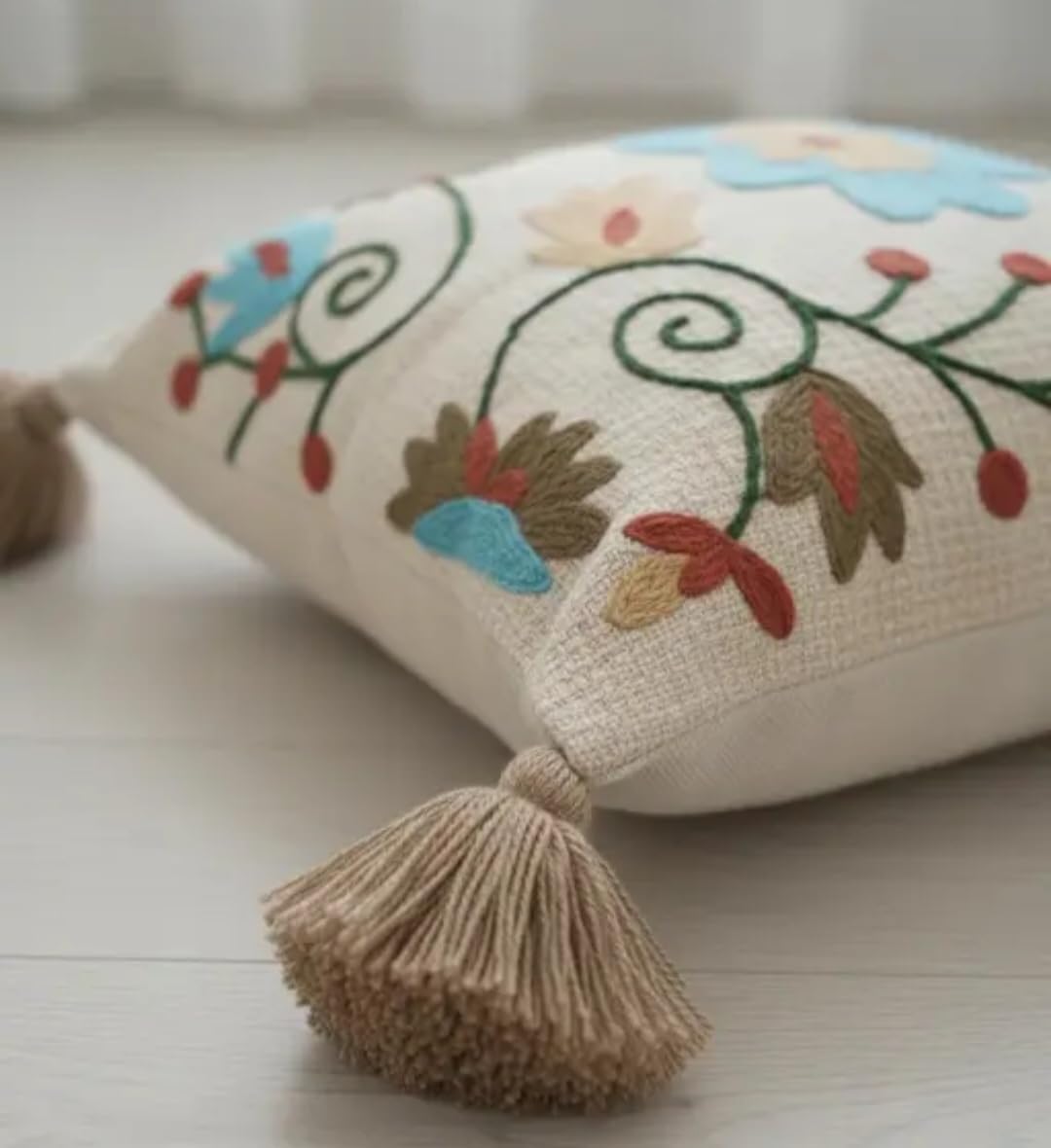 Handcrafted Embroidered Throw Pillow Cover with Tassels, Boho Style, Blue & Multicolor, Cotton