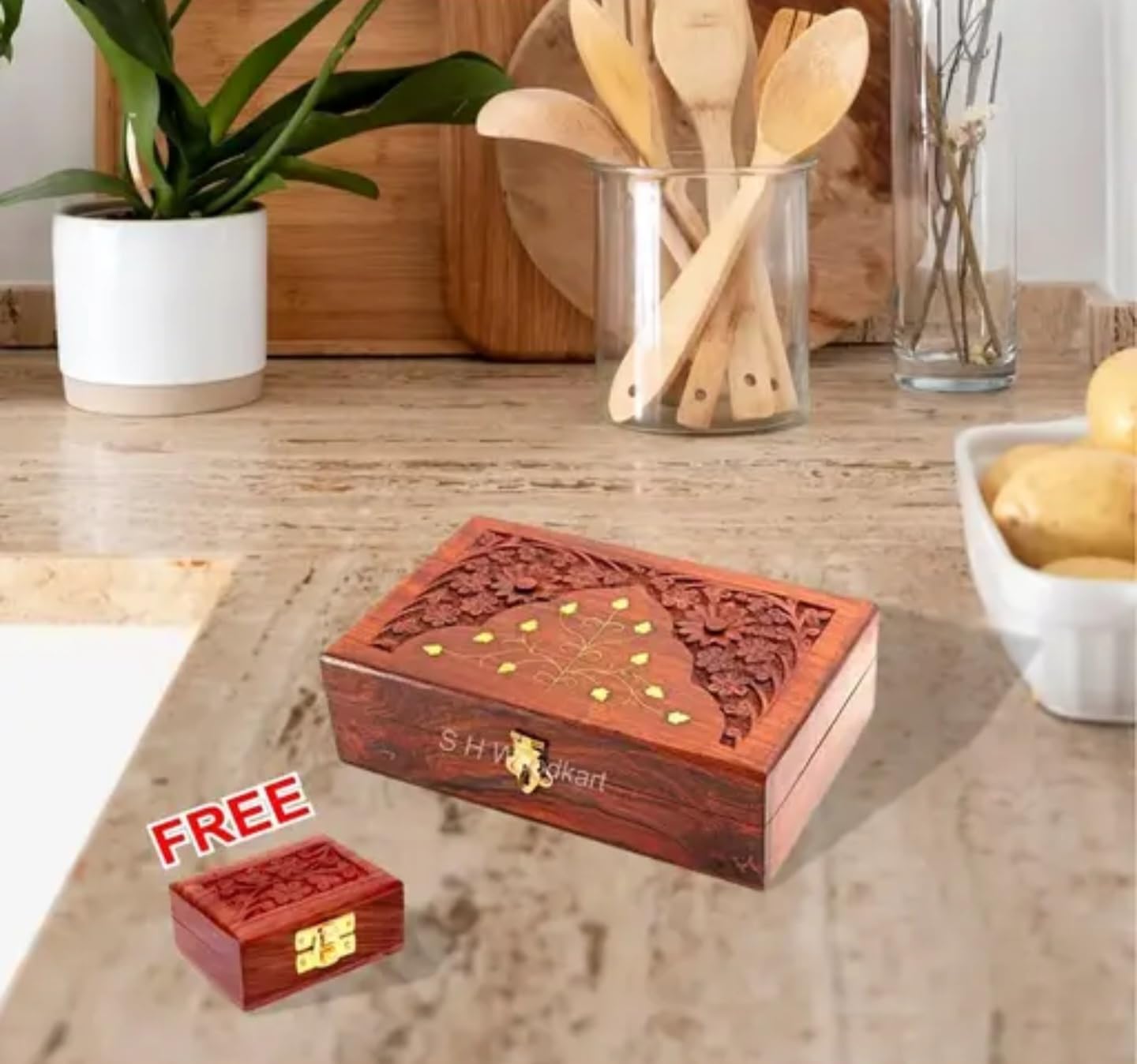 Handcrafted Wooden Jewelry Box with Carved Floral Design, Rosewood Storage Box with Brass Inlay, Gold Metal Latch, Traditional Style