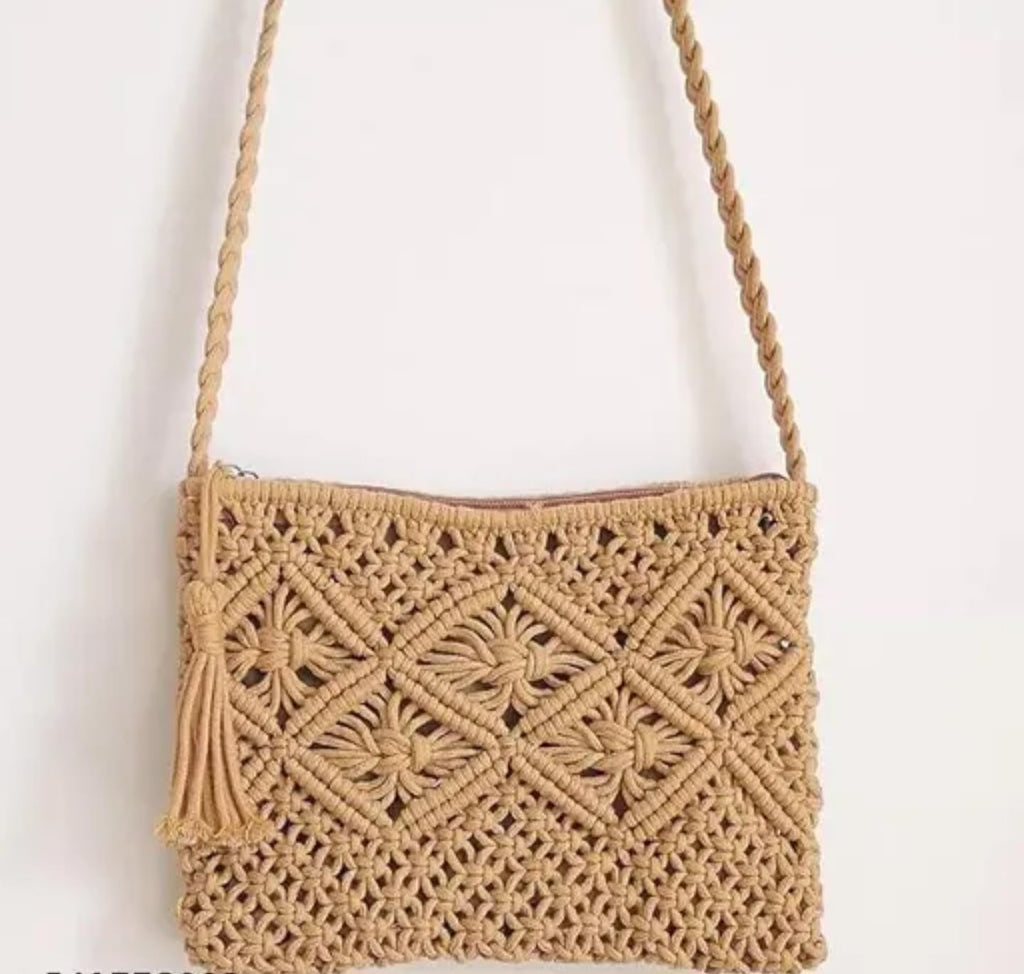 Handmade Macrame Crossbody Bag, Beige Cotton Woven Pattern, Braided Shoulder Strap