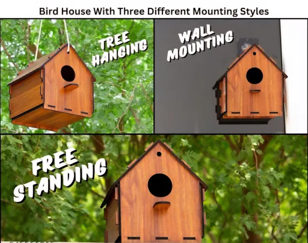 Wooden Hanging Birdhouse, Natural Brown, Handcrafted Wood, Outdoor Garden Bird Nest Box with Entry Hole