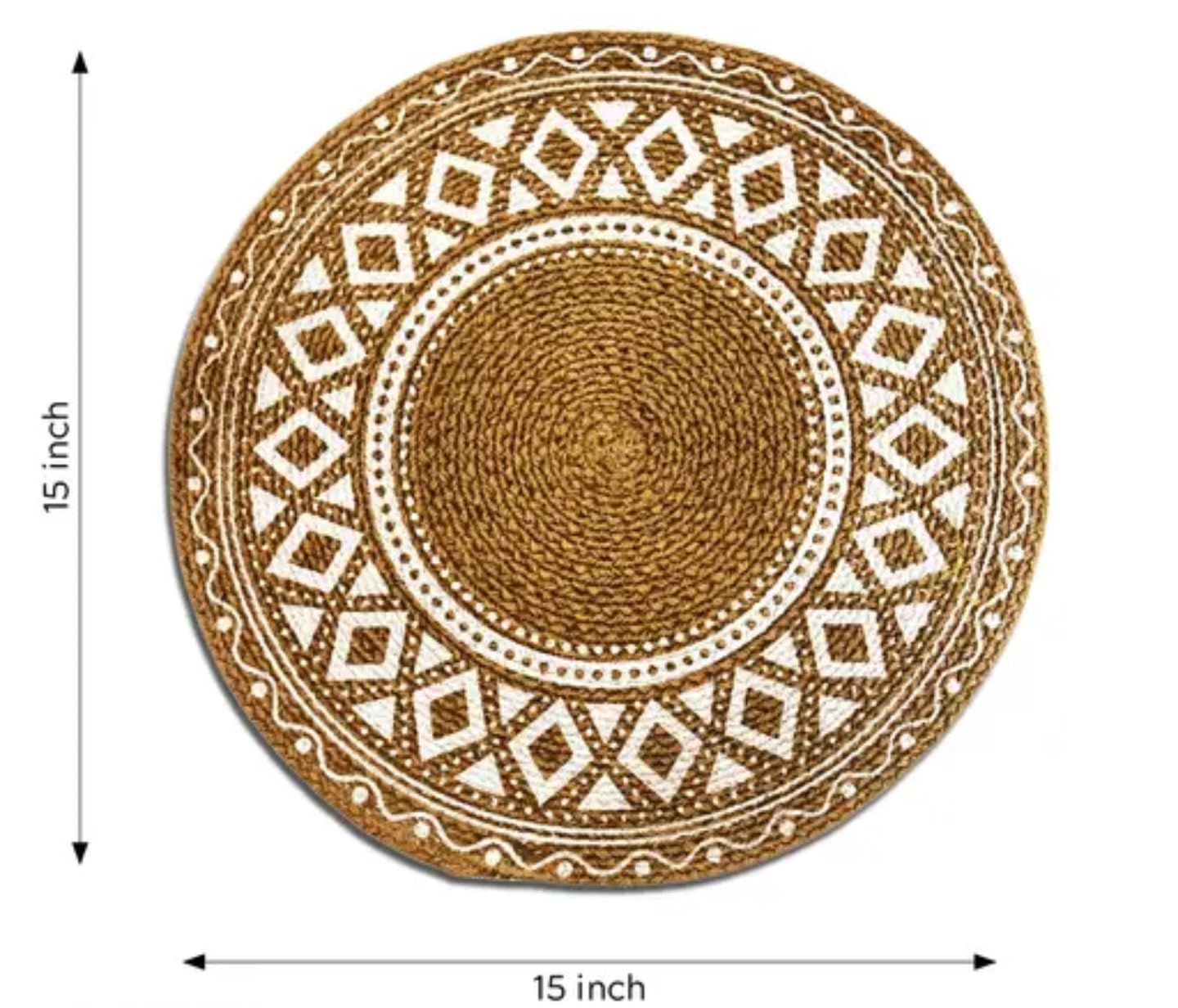 Round Jute Placemats with Geometric Pattern, Natural Brown and White, Woven Tribal Design, Boho Style Table Mats