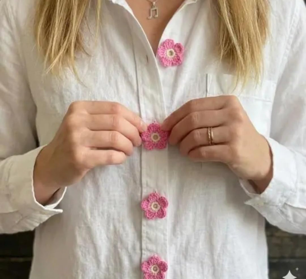 Crochet Flower Buttons, Pink, Handmade Floral Embellishments for Clothing, Set of 6